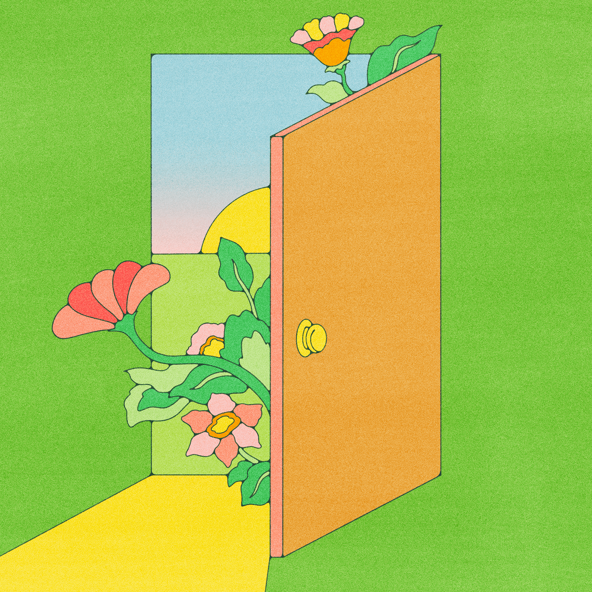 a door with flowers and a picture on it