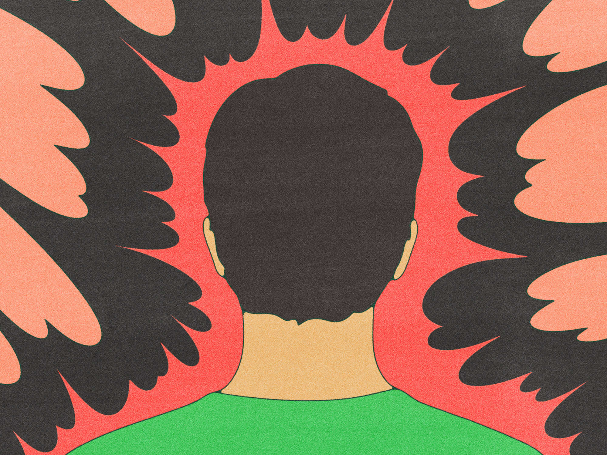a person's head with red and black design